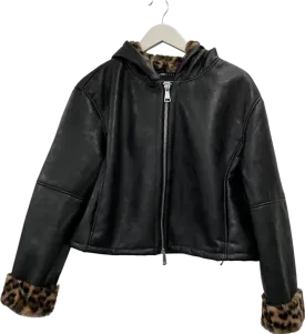 ASOS Black Leopard Print Bonded Hooded Faux Fur Jacket UK M