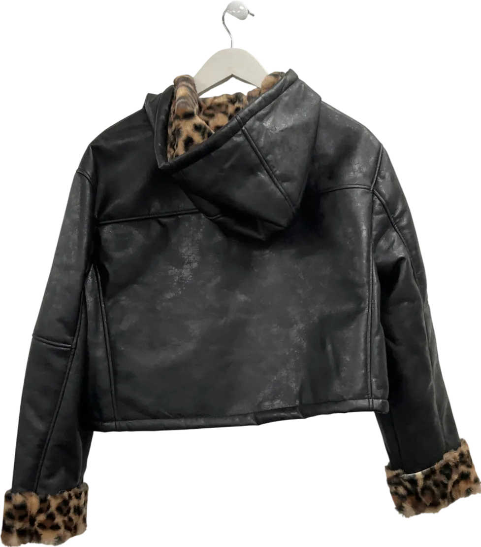 ASOS Black Leopard Print Bonded Hooded Faux Fur Jacket UK M