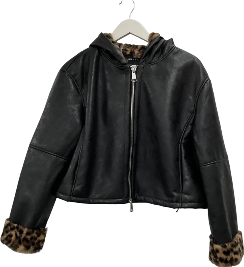 ASOS Black Leopard Print Bonded Hooded Faux Fur Jacket UK M