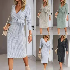 Autumn And Winter V-neck Long Sleeve Knitted sweater Wrap Dress
