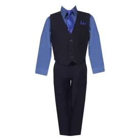 Baby Boys Black Navy Shirt Vest Pants Neck Tie Pocket Hanky 5 pcs Suit 3-24M