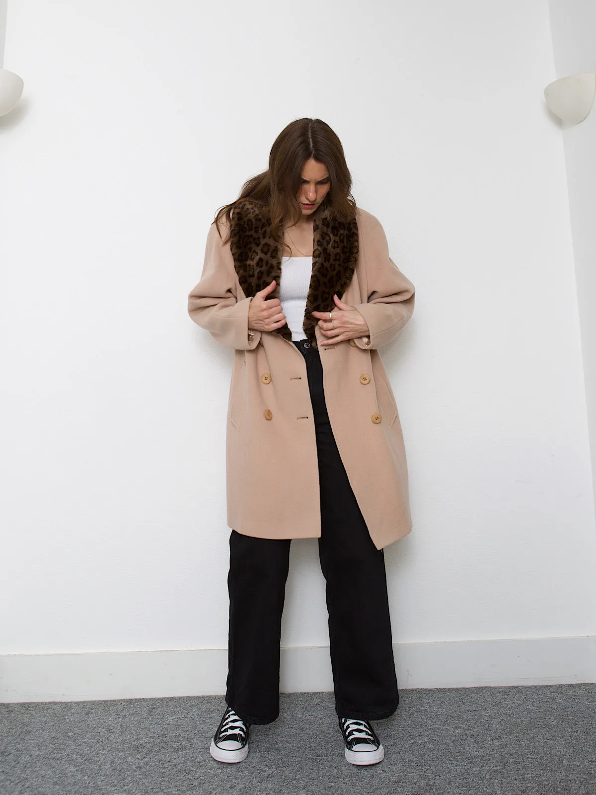 Beige mixed wool & cashmere winter coat leopard collar
