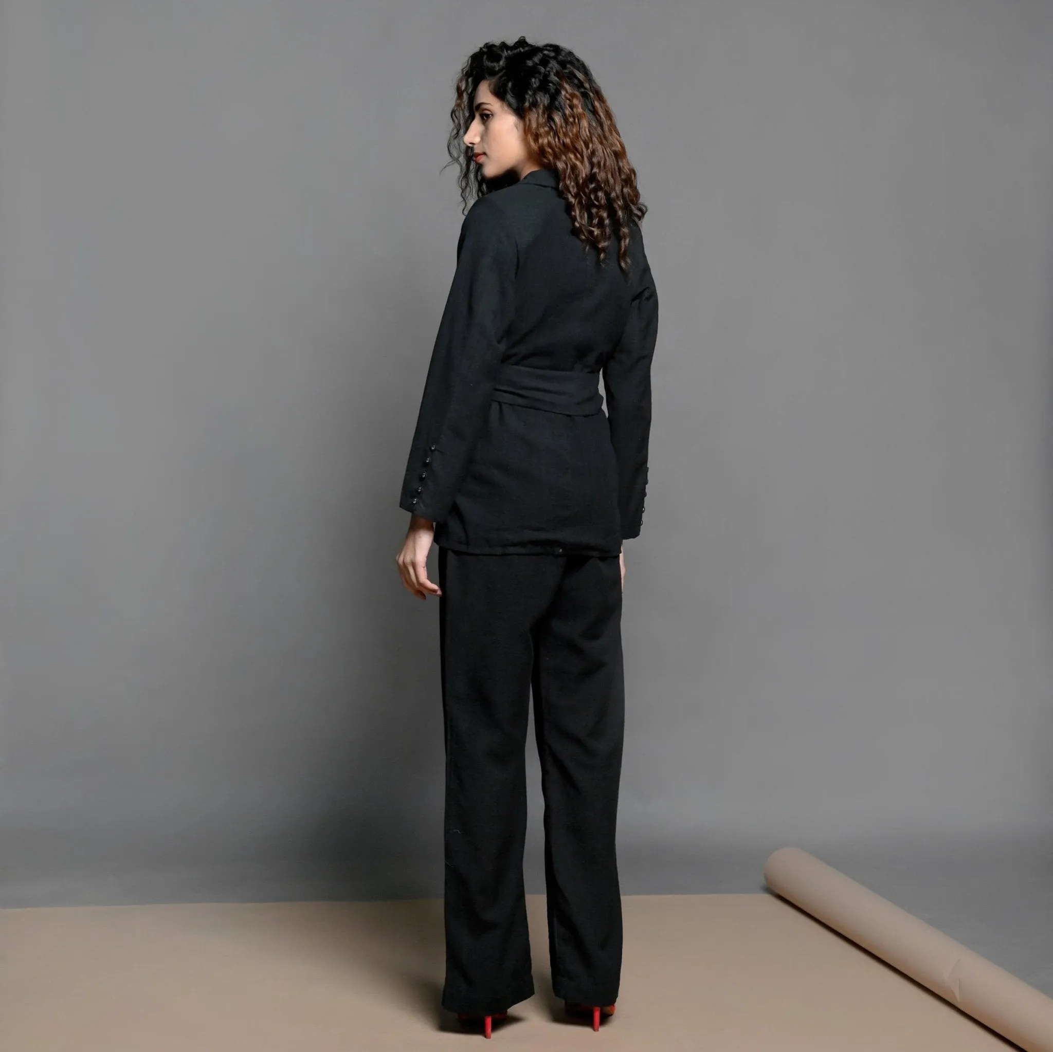 Black Elasticated Cotton Pant and Belted Blazer Suit Co-ord Set