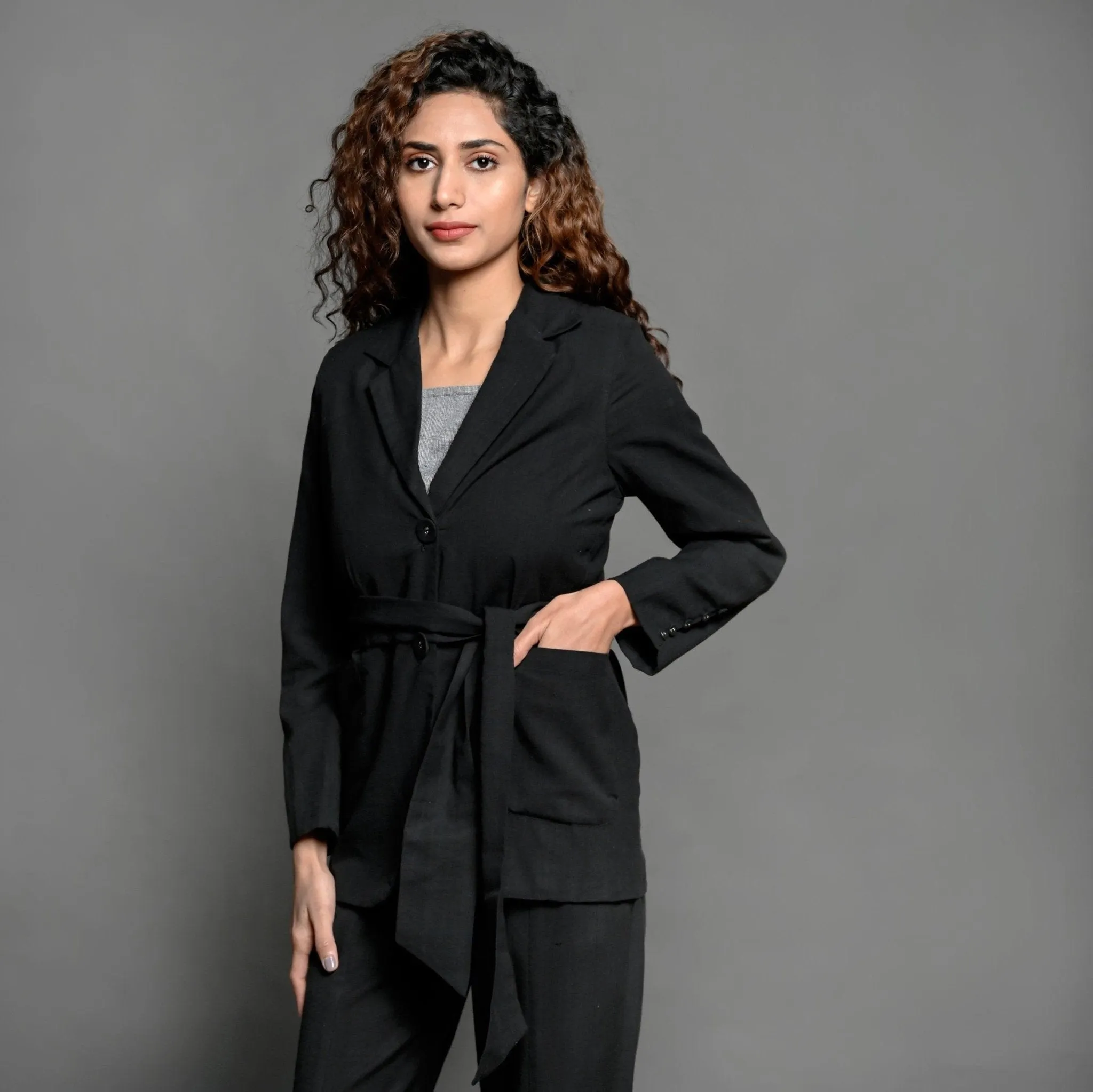 Black Elasticated Cotton Pant and Belted Blazer Suit Co-ord Set