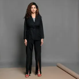 Black Elasticated Cotton Pant and Belted Blazer Suit Co-ord Set