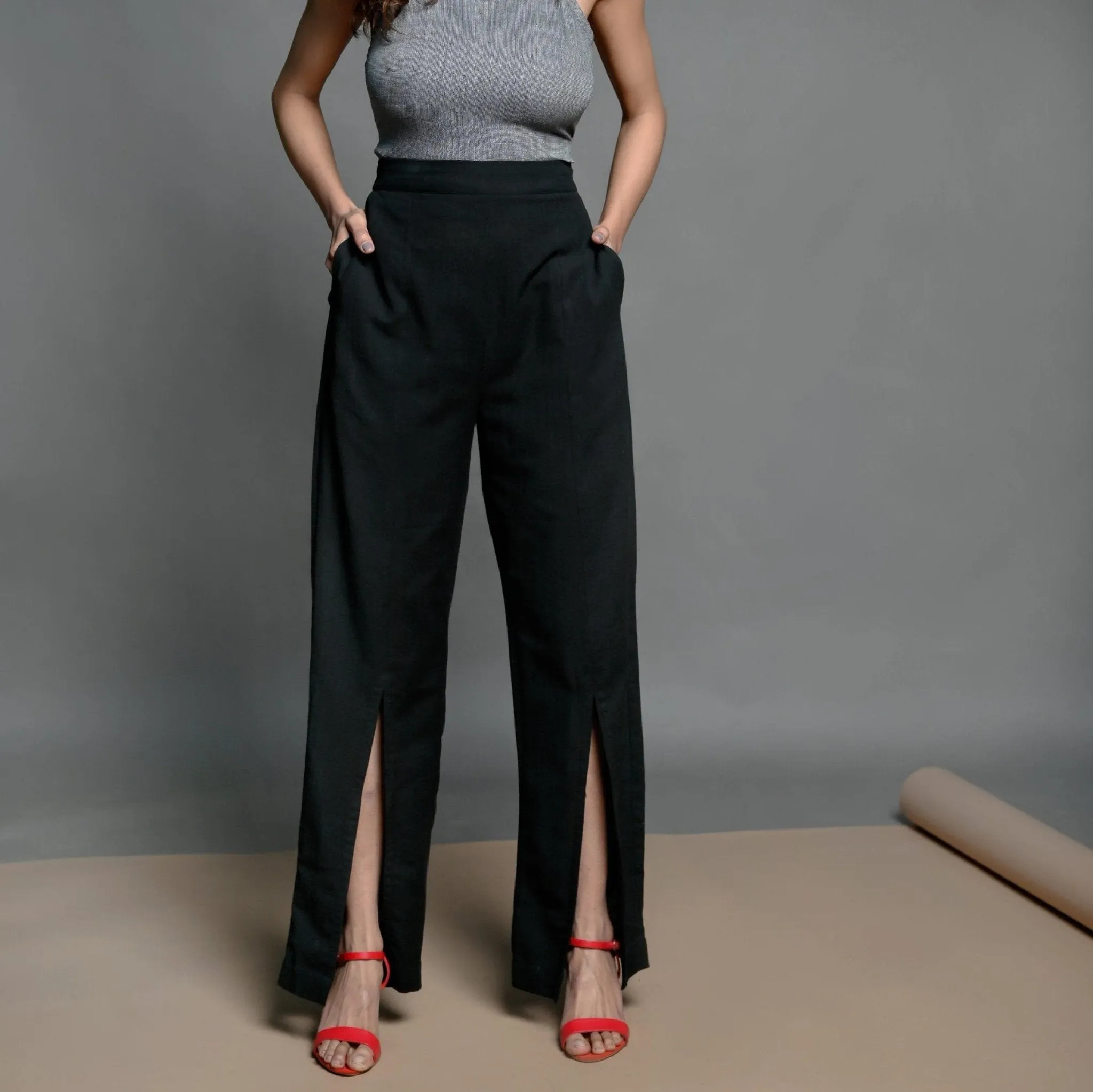 Black Elasticated Cotton Pant and Belted Blazer Suit Co-ord Set
