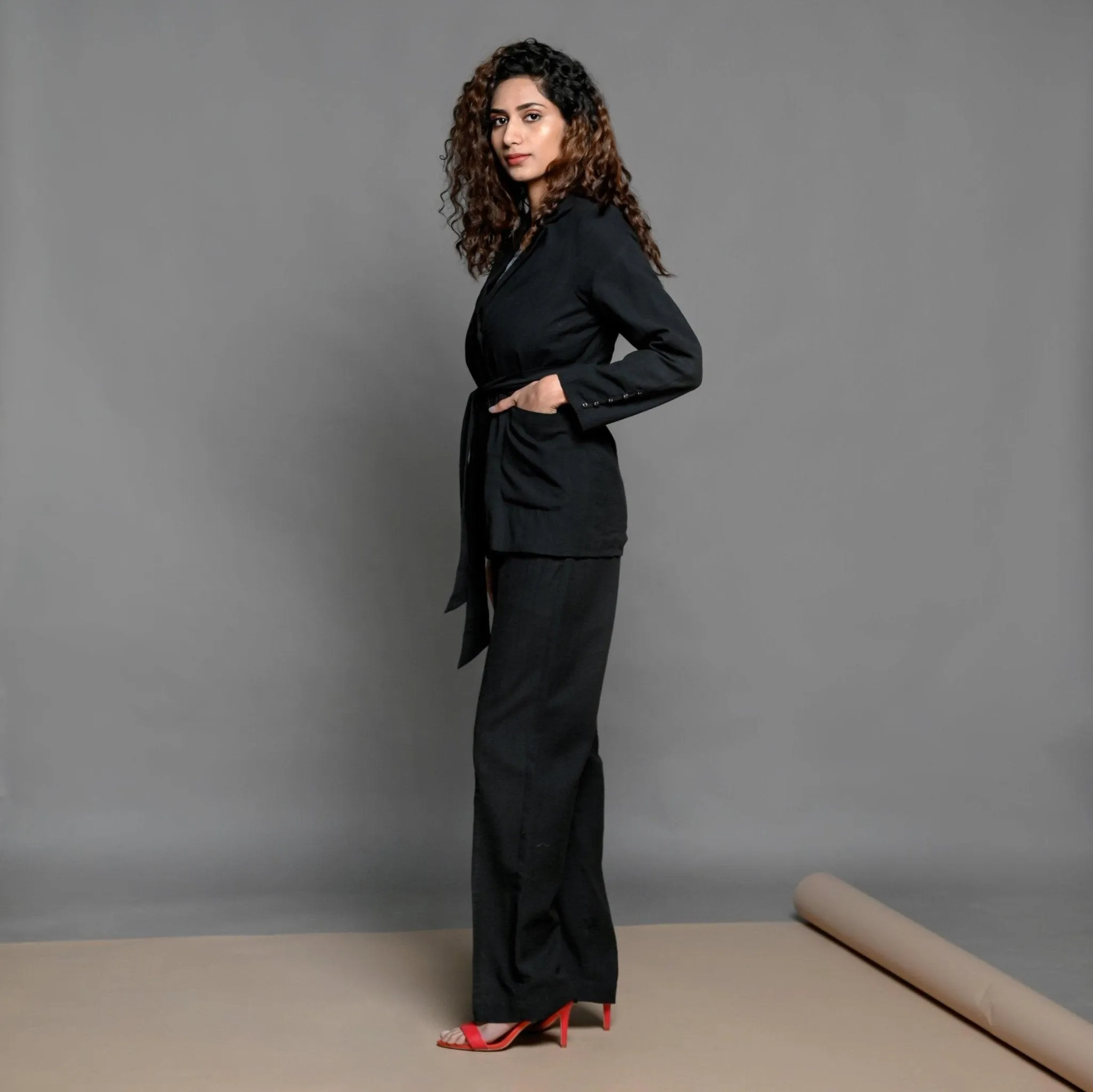Black Elasticated Cotton Pant and Belted Blazer Suit Co-ord Set
