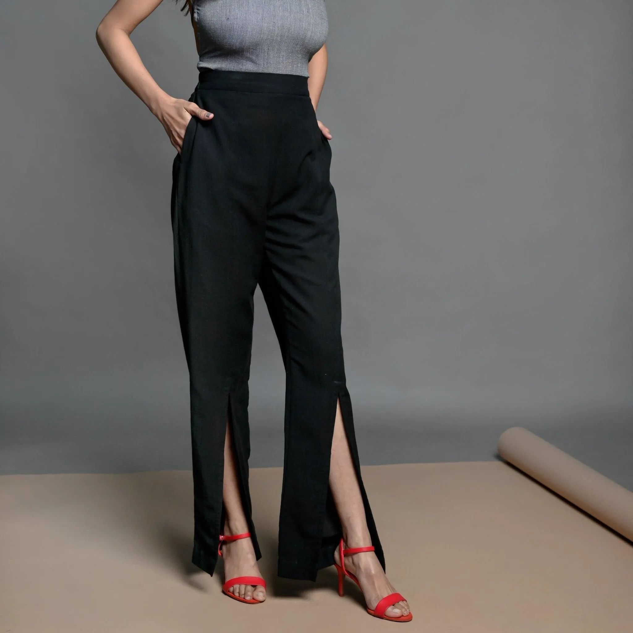 Black Elasticated Cotton Pant and Belted Blazer Suit Co-ord Set