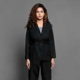 Black Handspun Cotton Belted Single-Breasted Blazer