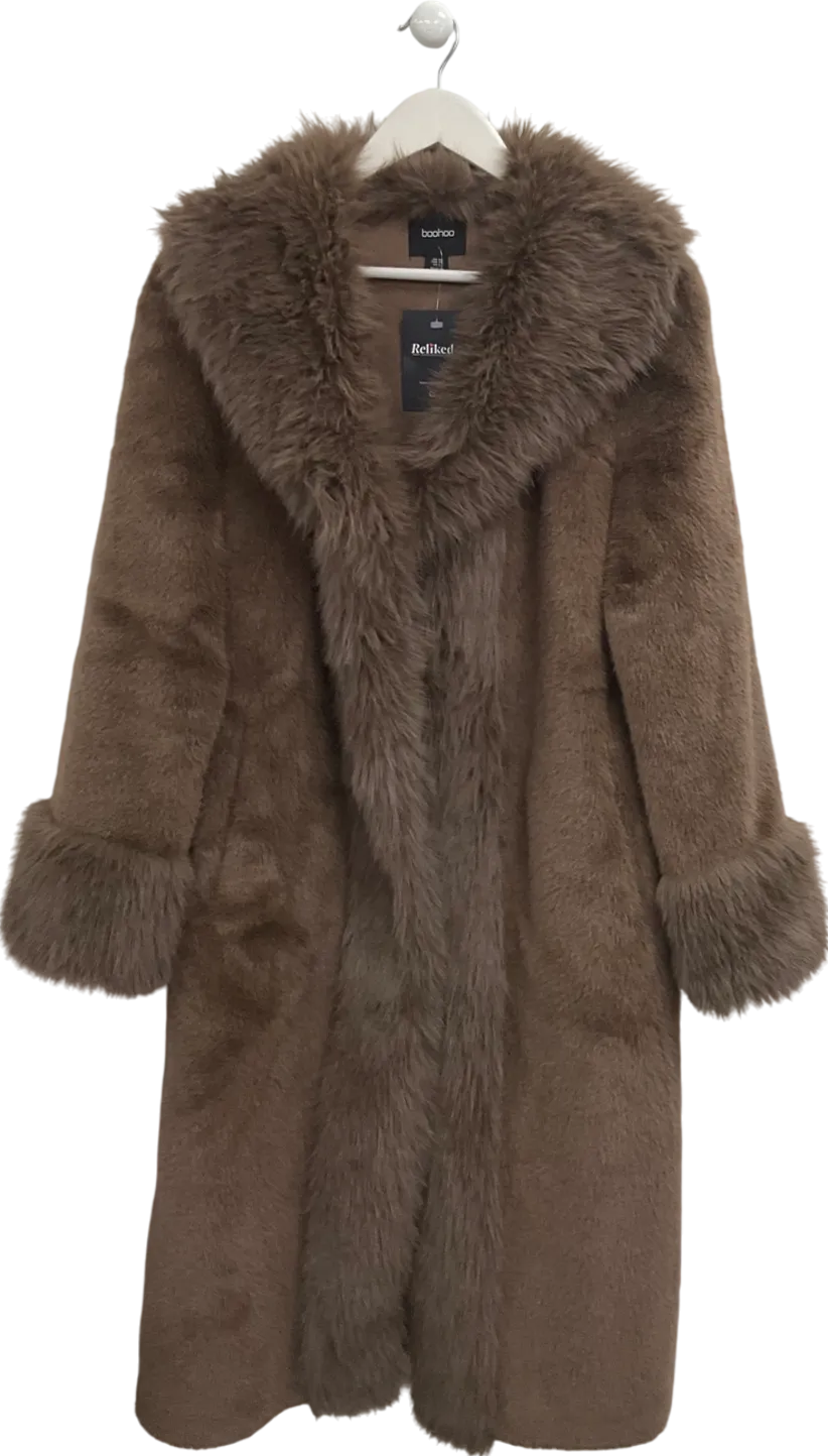boohoo Brown Faux Fur Long Line Coat UK 10