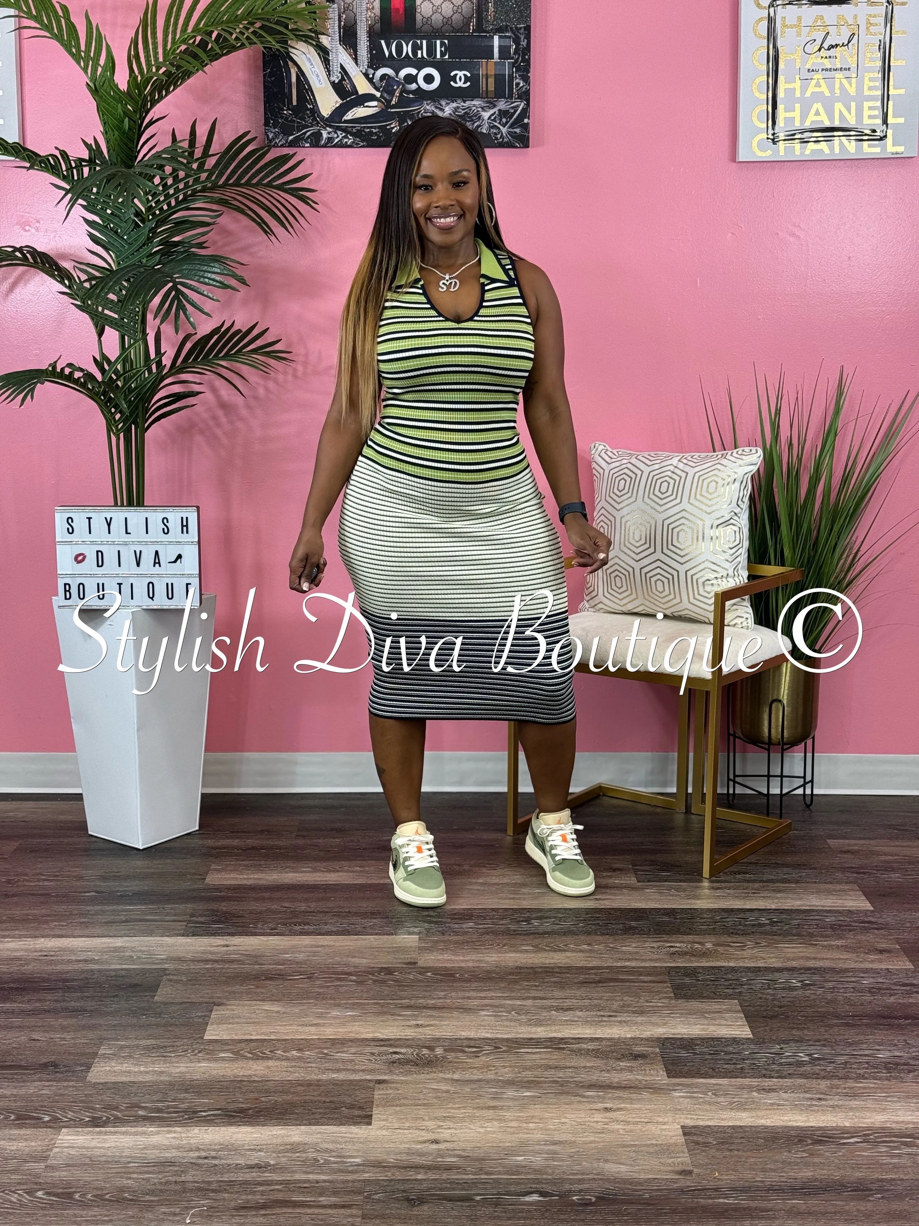 Bravado Striped Midi Sweater Dress (Green Multi)