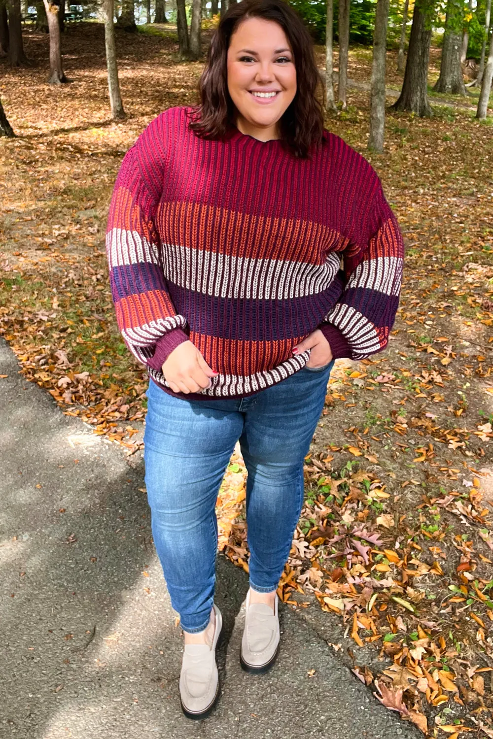 Burgundy & Navy Stripe Oversized Sweater