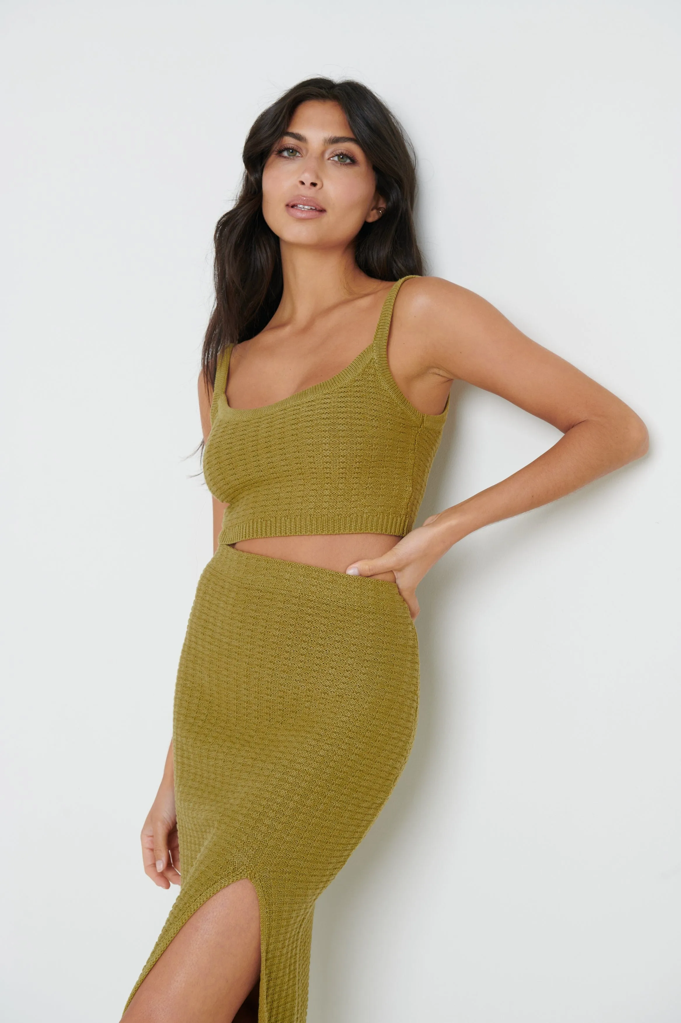 Celine Crochet Knit Cami Top - Olive