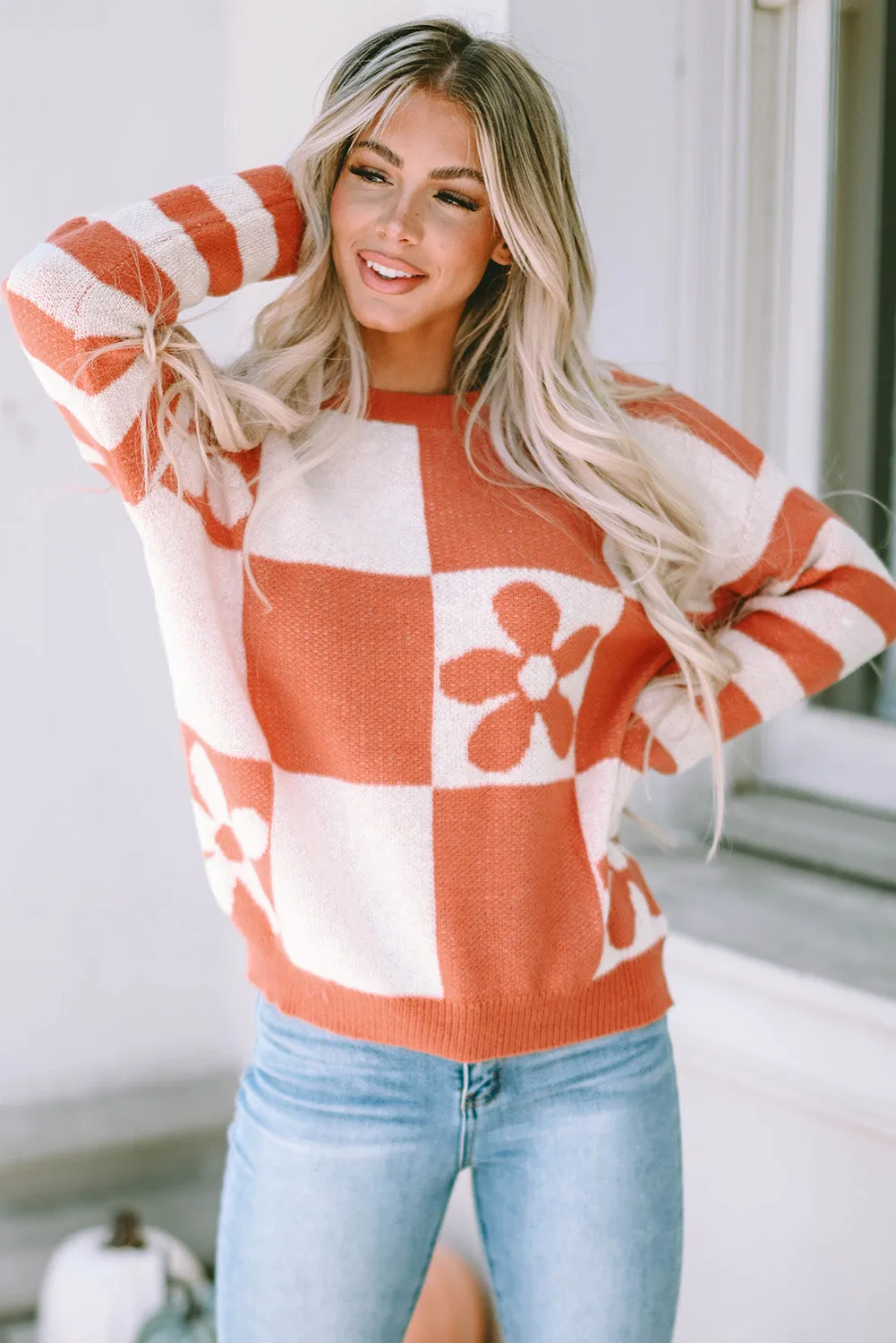 Checkered Floral Striped Sleeve Sweater