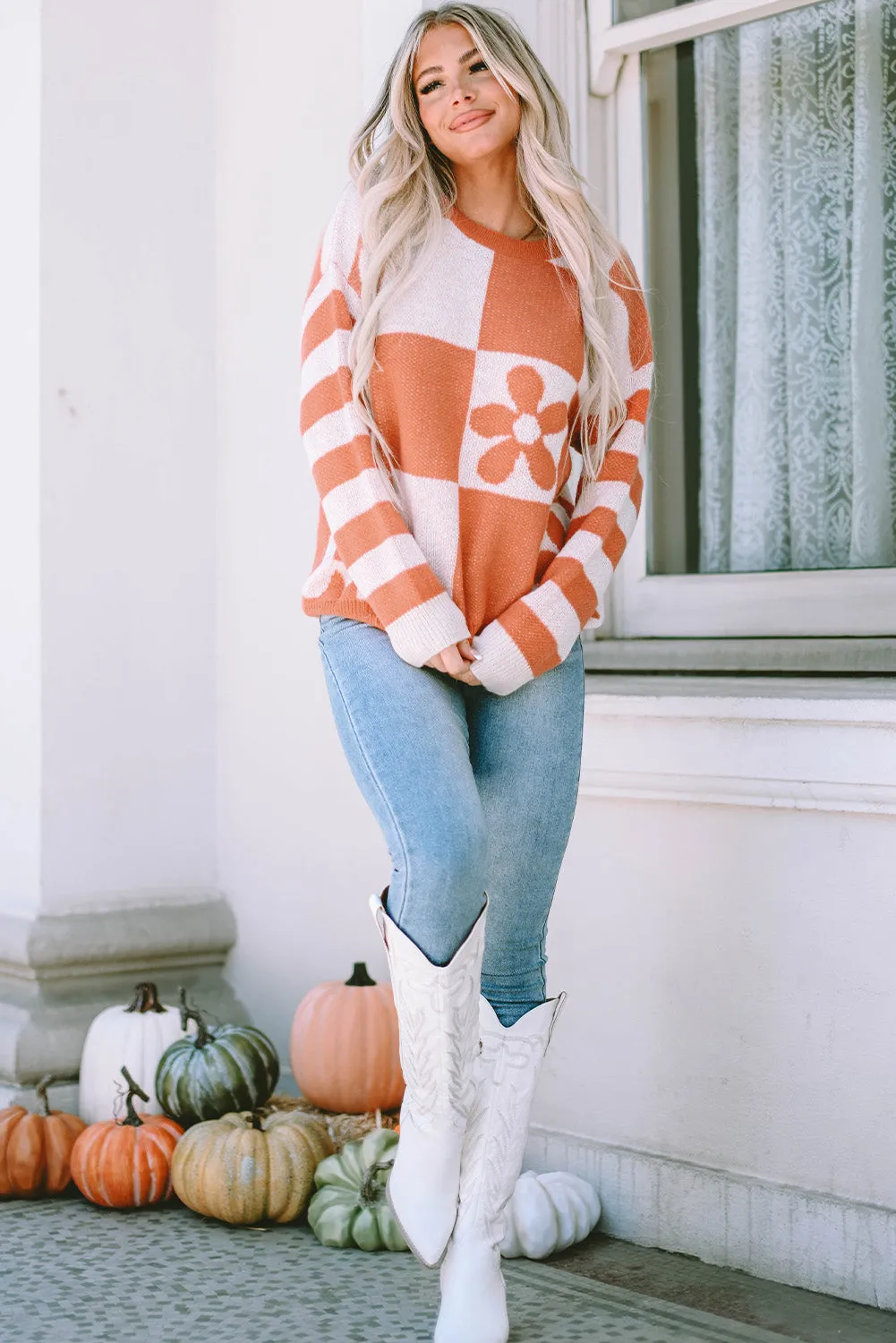 Checkered Floral Striped Sleeve Sweater