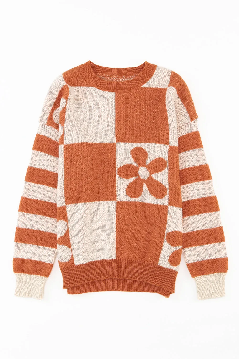 Checkered Floral Striped Sleeve Sweater