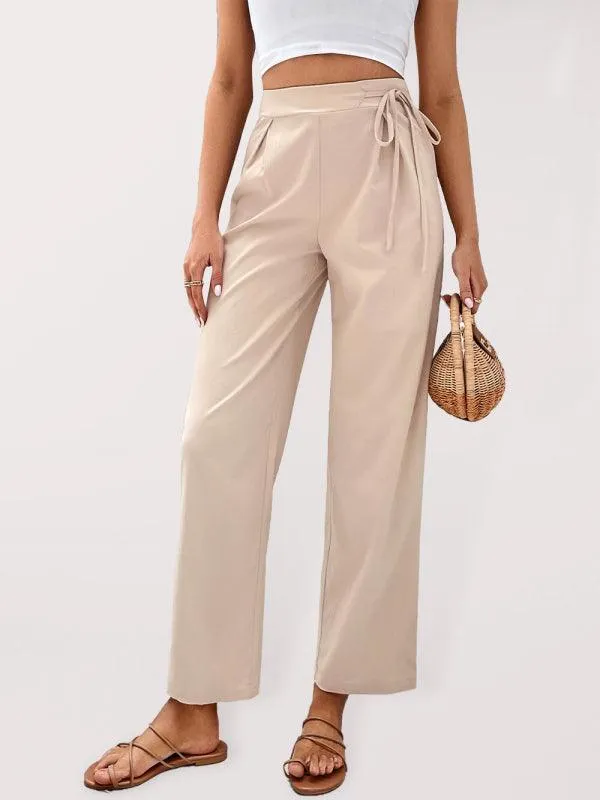 Chic High-Waisted Wide-Leg Trousers with Stylish Tie and Distinctive Print
