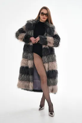 Chic Two-Tone Long Faux Fur Coat – Luxe Winter Statement