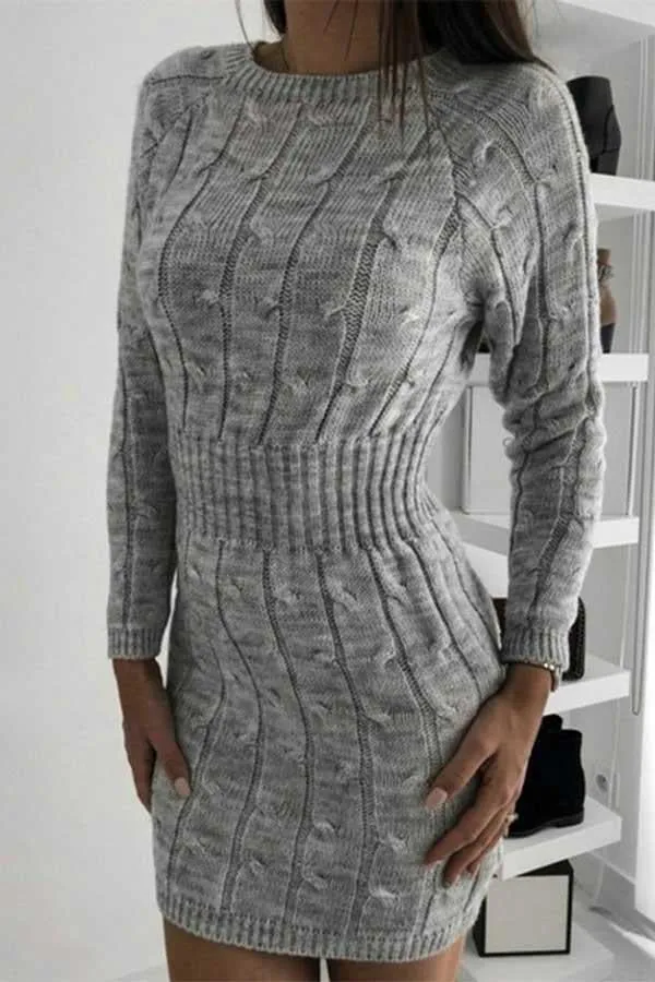 Crew Neck Long Sleeve Mini Bodycon Sweater Dress