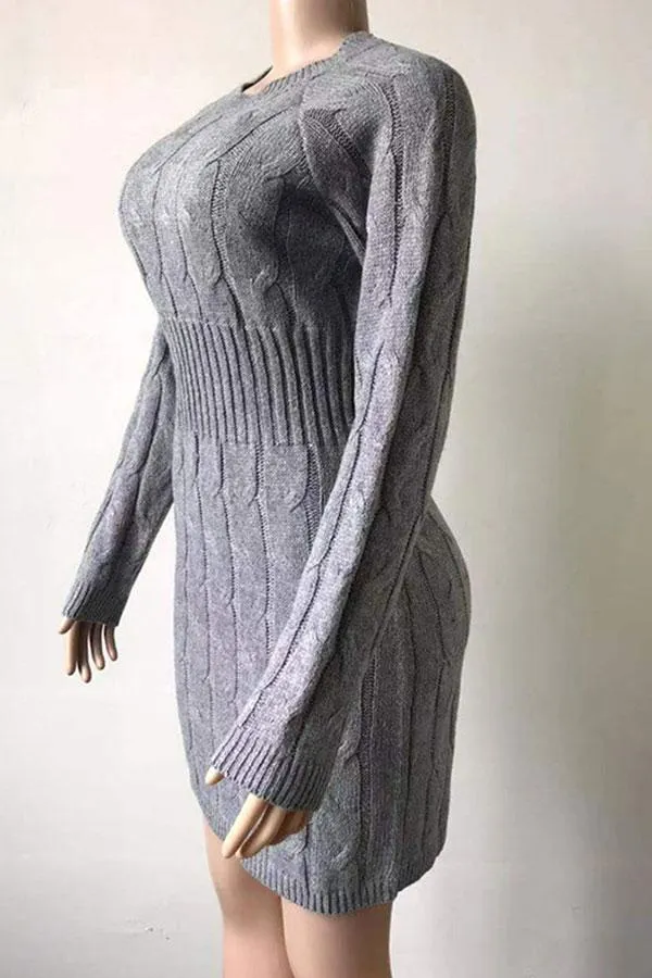 Crew Neck Long Sleeve Mini Bodycon Sweater Dress