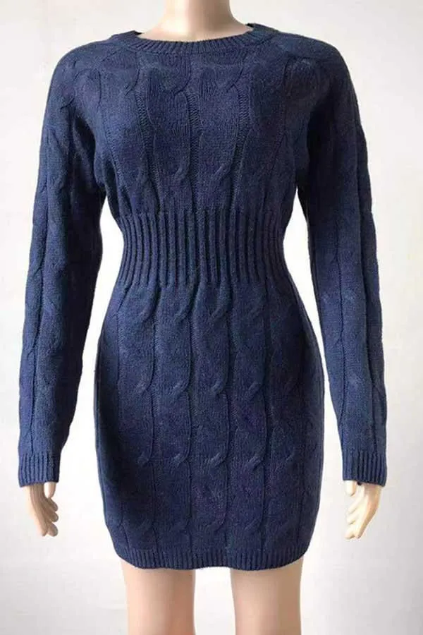 Crew Neck Long Sleeve Mini Bodycon Sweater Dress