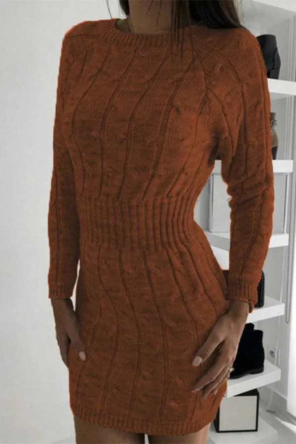 Crew Neck Long Sleeve Mini Bodycon Sweater Dress