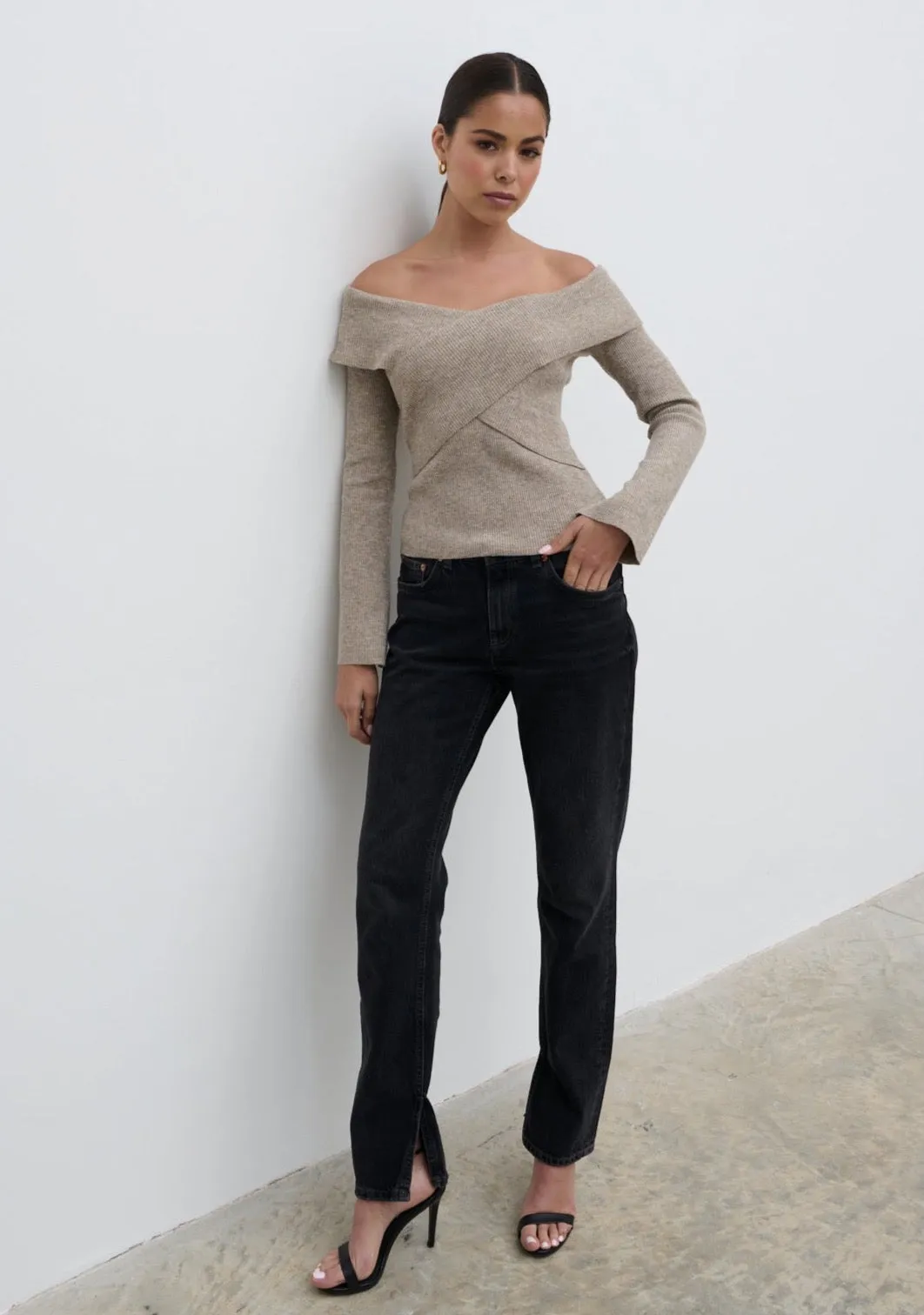 Daphne Cross Over Knit Top - Beige