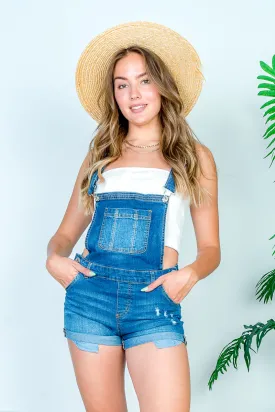 Denim Mini Short Overalls with Single Front Bib Pocket, Light Distressed Detail, Exposed Shorts Pockets and Cuffed Hem in Medium Blue (3397RK)