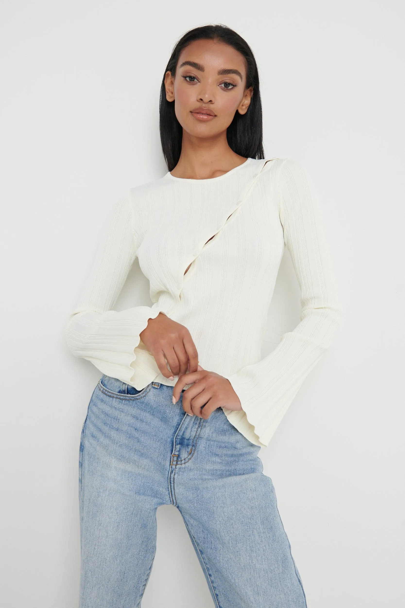 Eden Cut Out Button Knit Top - Cream