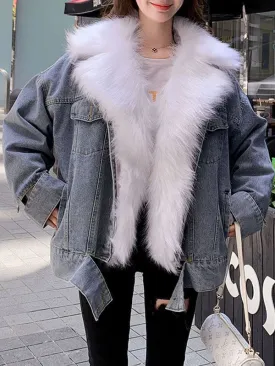 Faux Fur Coats Blue Faux Fur Turndown Collar Long Sleeves Removable Short Winter Coat