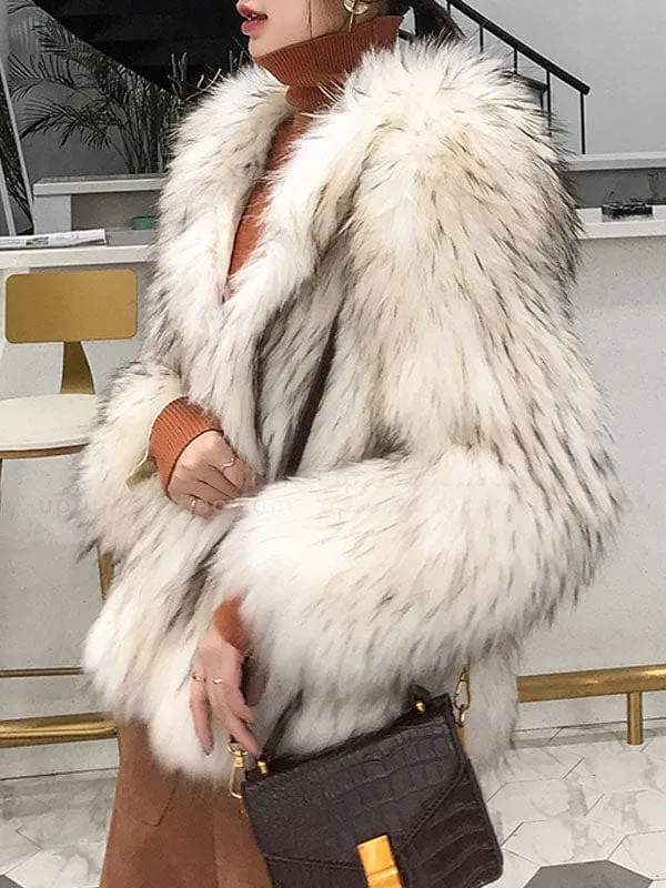 Faux Fur Coats For Women Coffee Brown Long Sleeves Hooded Casual Winter Coat