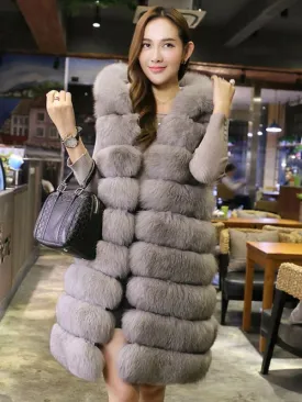 Faux Fur Jacket Grey Winter Jacket Sleeveless Layered Hooded Jacket For Women