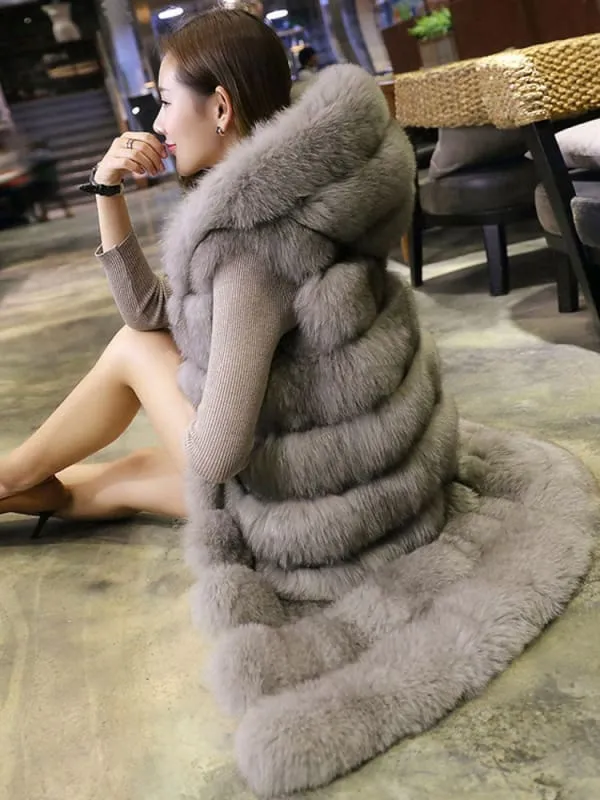 Faux Fur Jacket Grey Winter Jacket Sleeveless Layered Hooded Jacket For Women