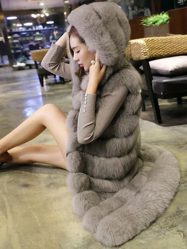 Faux Fur Jacket Grey Winter Jacket Sleeveless Layered Hooded Jacket For Women