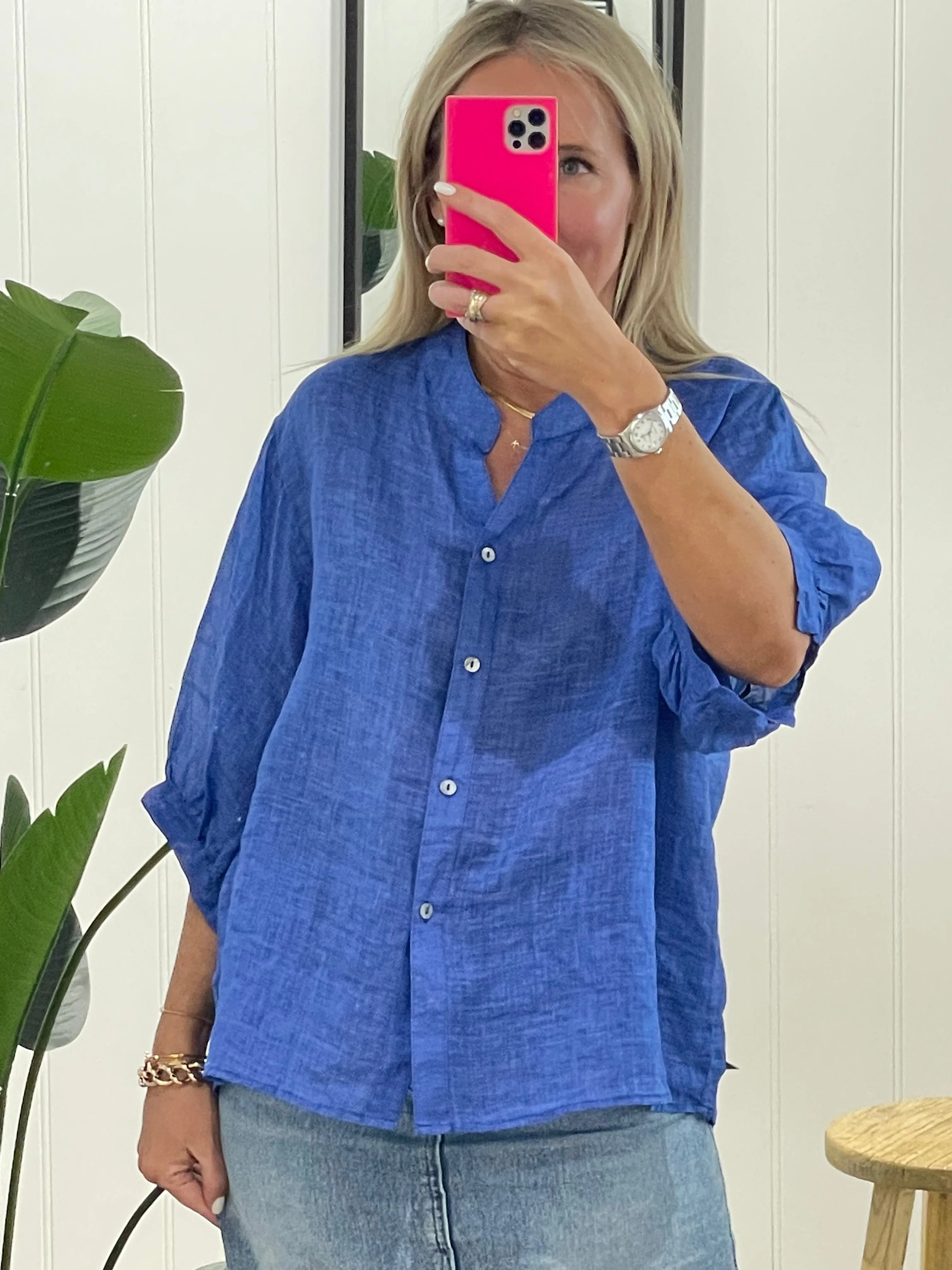Fine Linen Travel Shirt Top - Cobalt