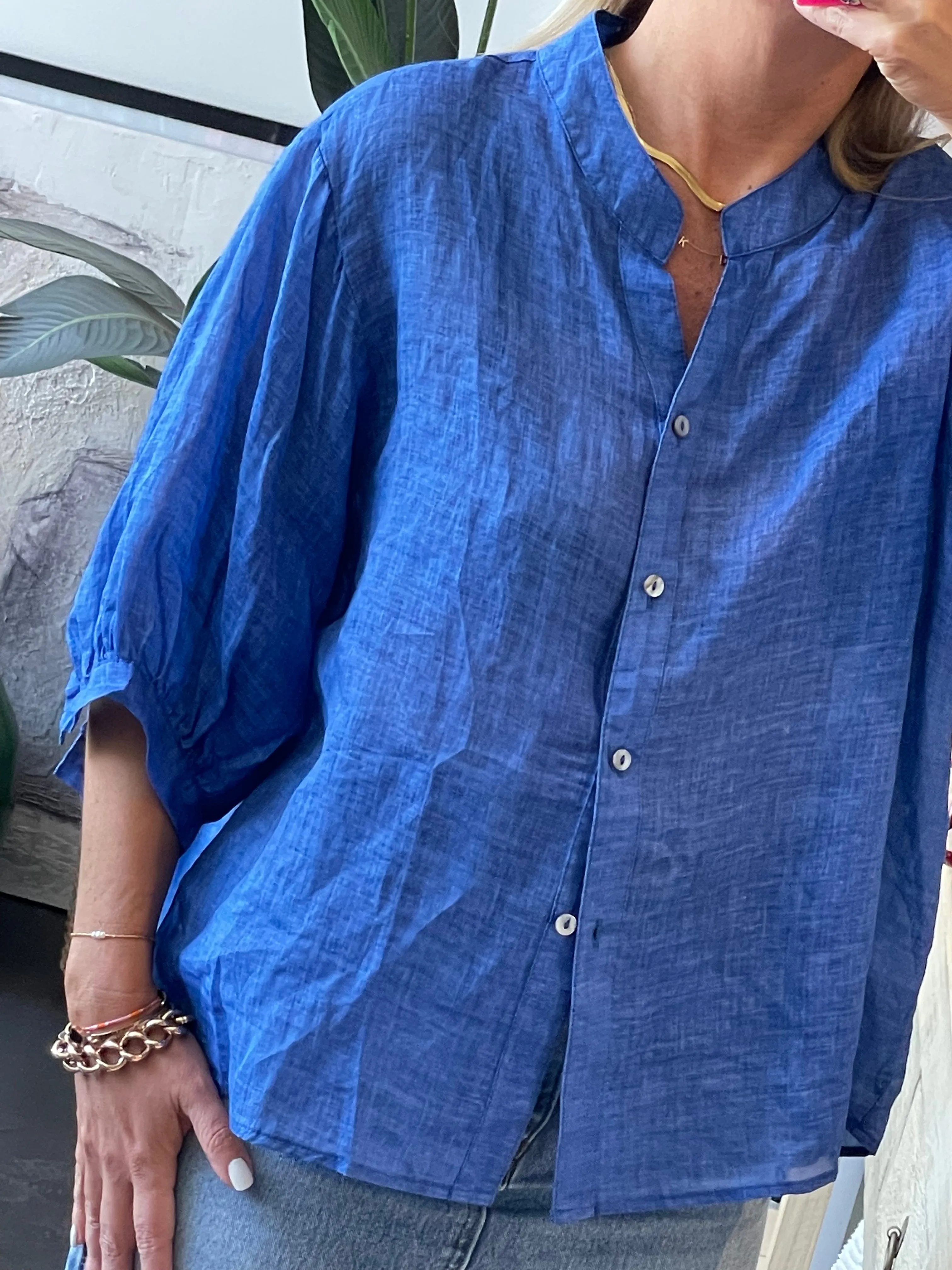 Fine Linen Travel Shirt Top - Cobalt