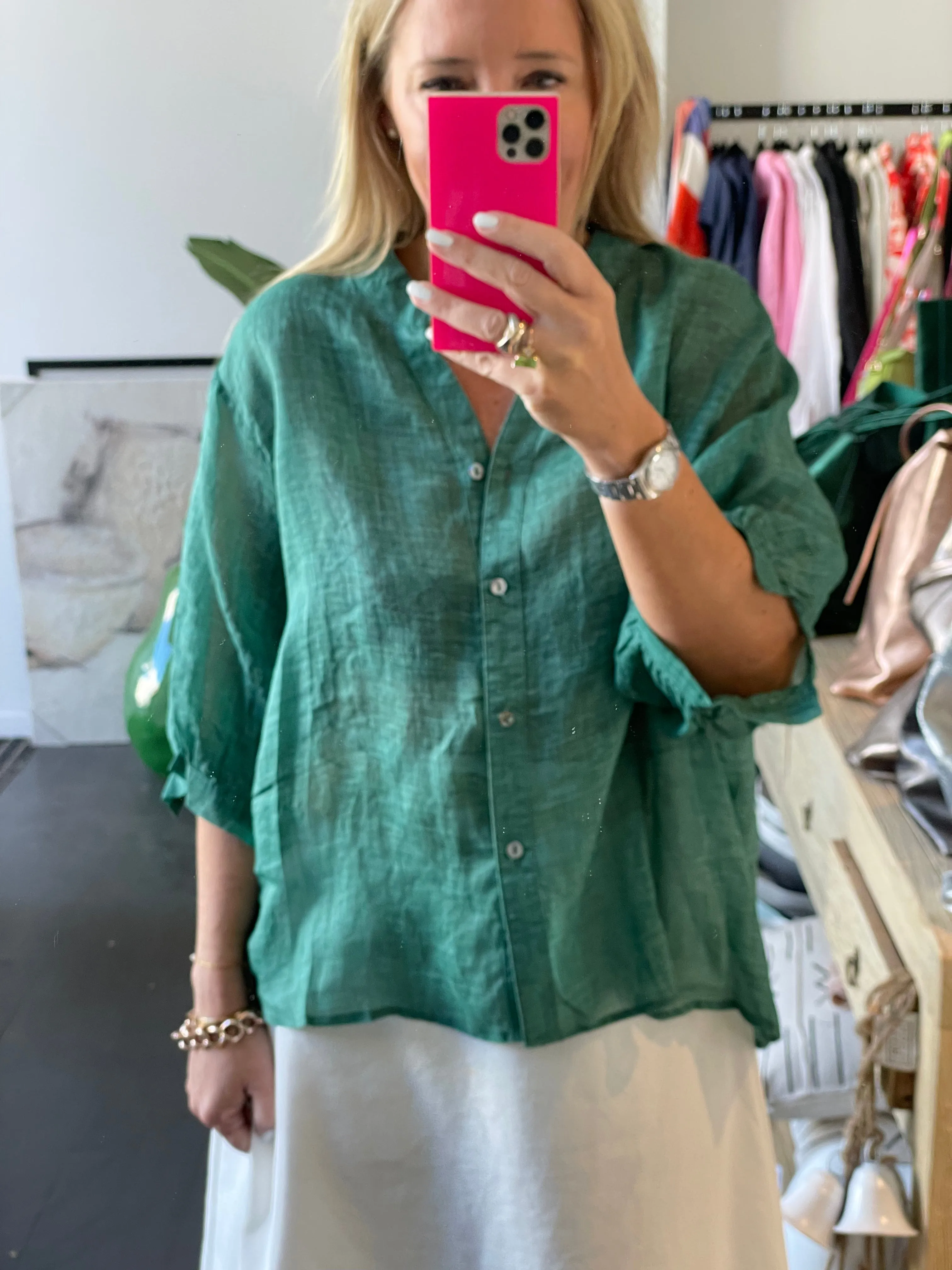 Fine Linen Travel Shirt Top - Green
