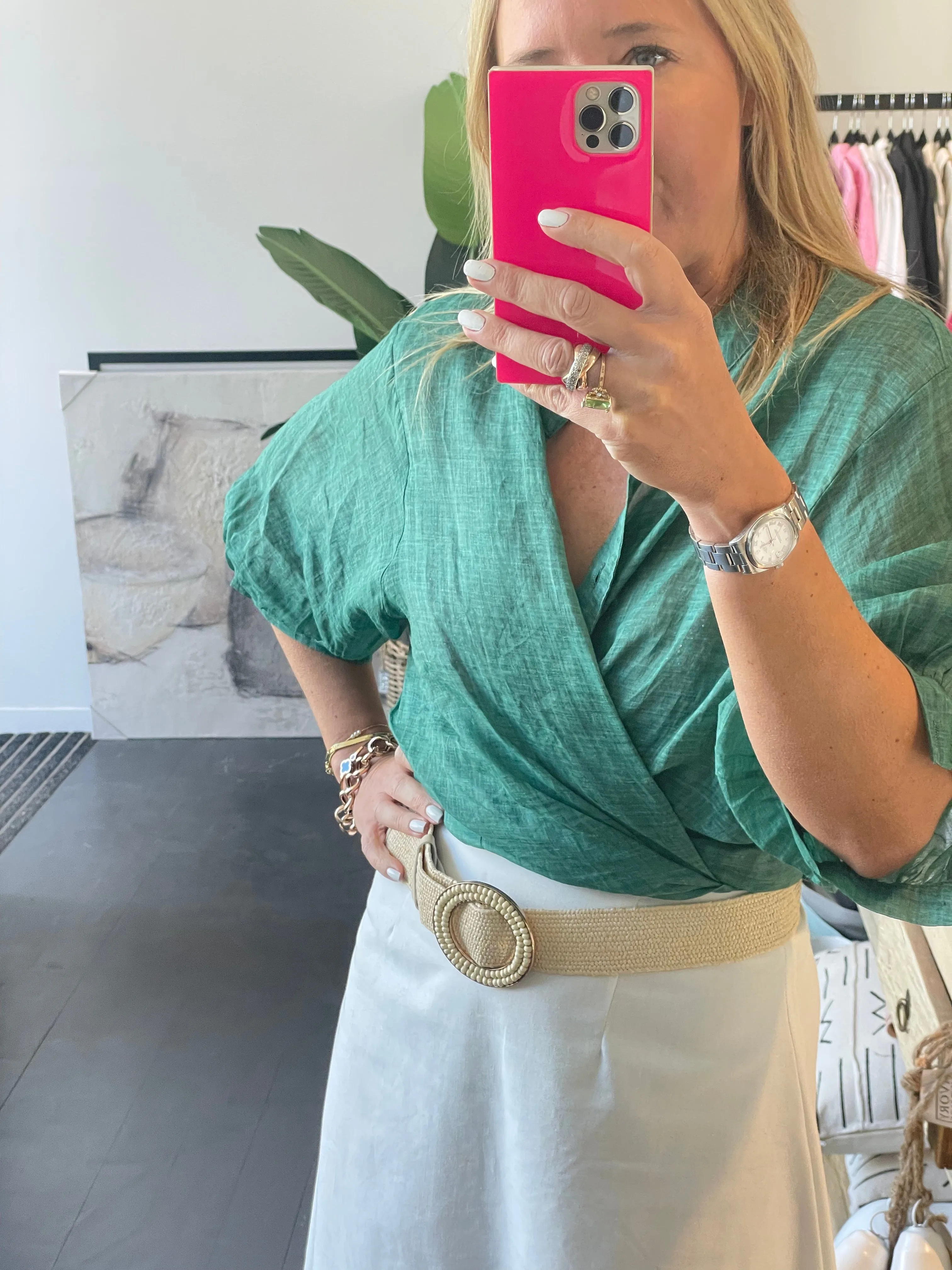 Fine Linen Travel Shirt Top - Green