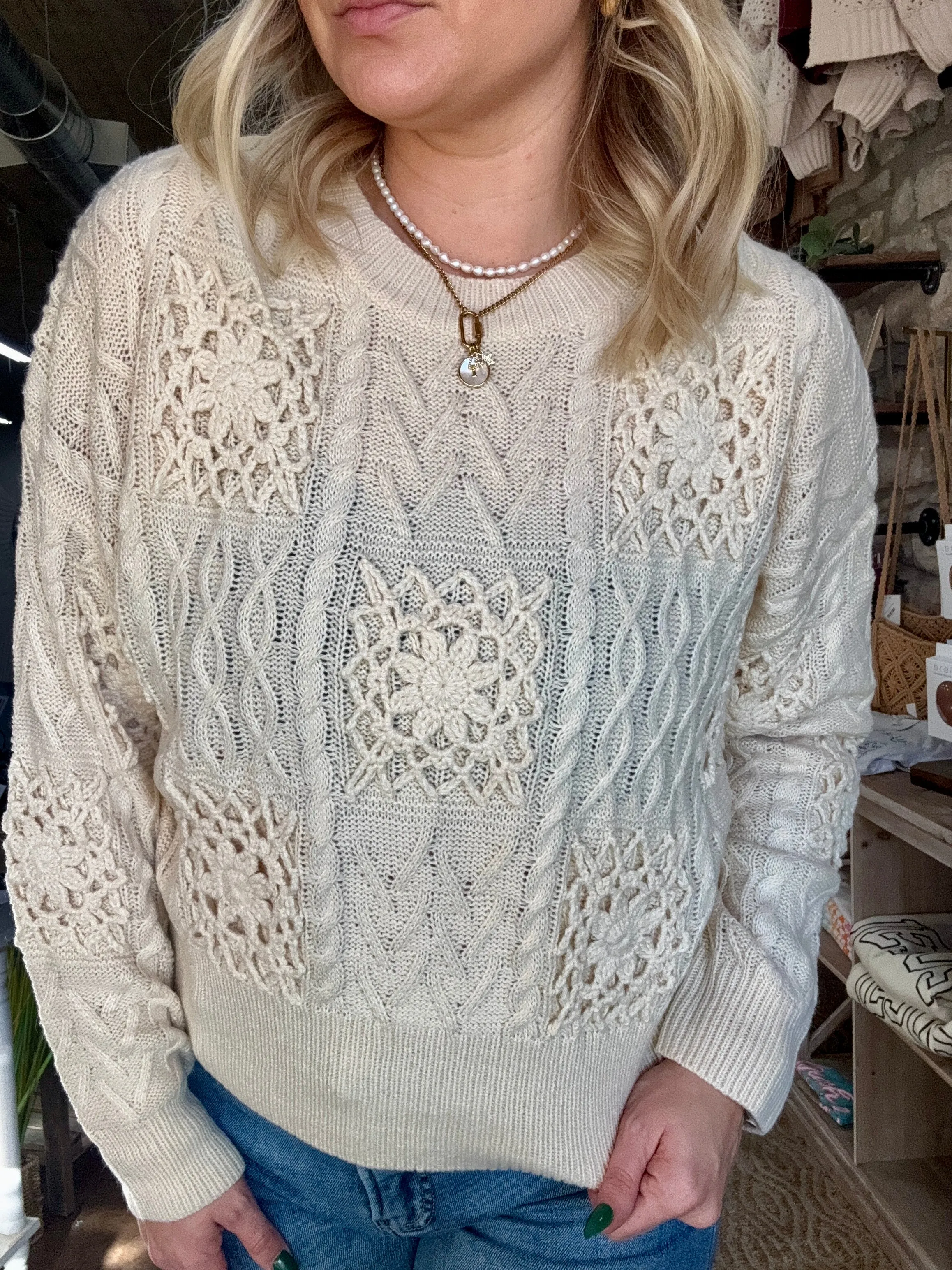 Floral Crochet Knit Sweater (Ecru)