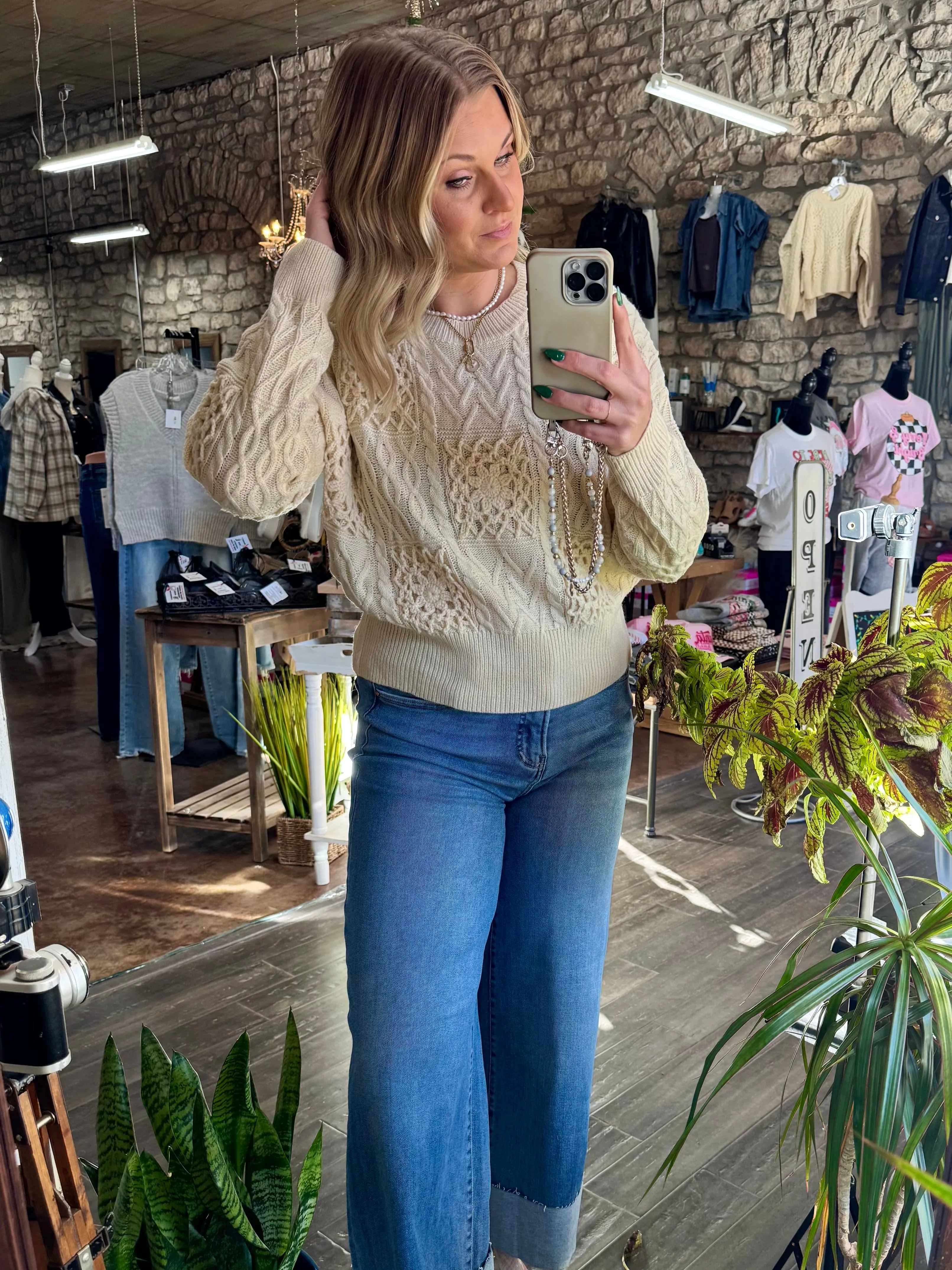 Floral Crochet Knit Sweater (Ecru)