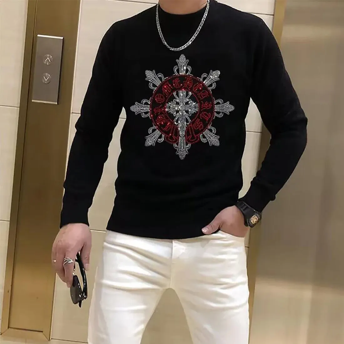 Hip-hop Stylish Rhinestone Design Sweater