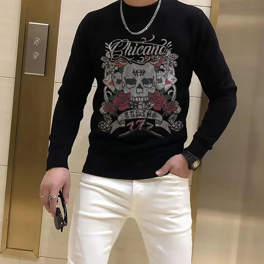 Hip-hop Stylish Rhinestone Design Sweater
