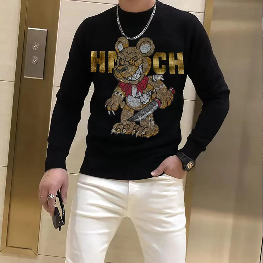 Hip-hop Stylish Rhinestone Design Sweater
