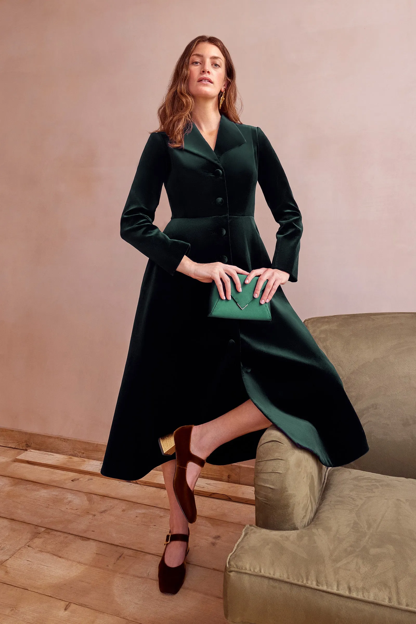 Hunter Coat Dress Forest Green Sustainable Velvet