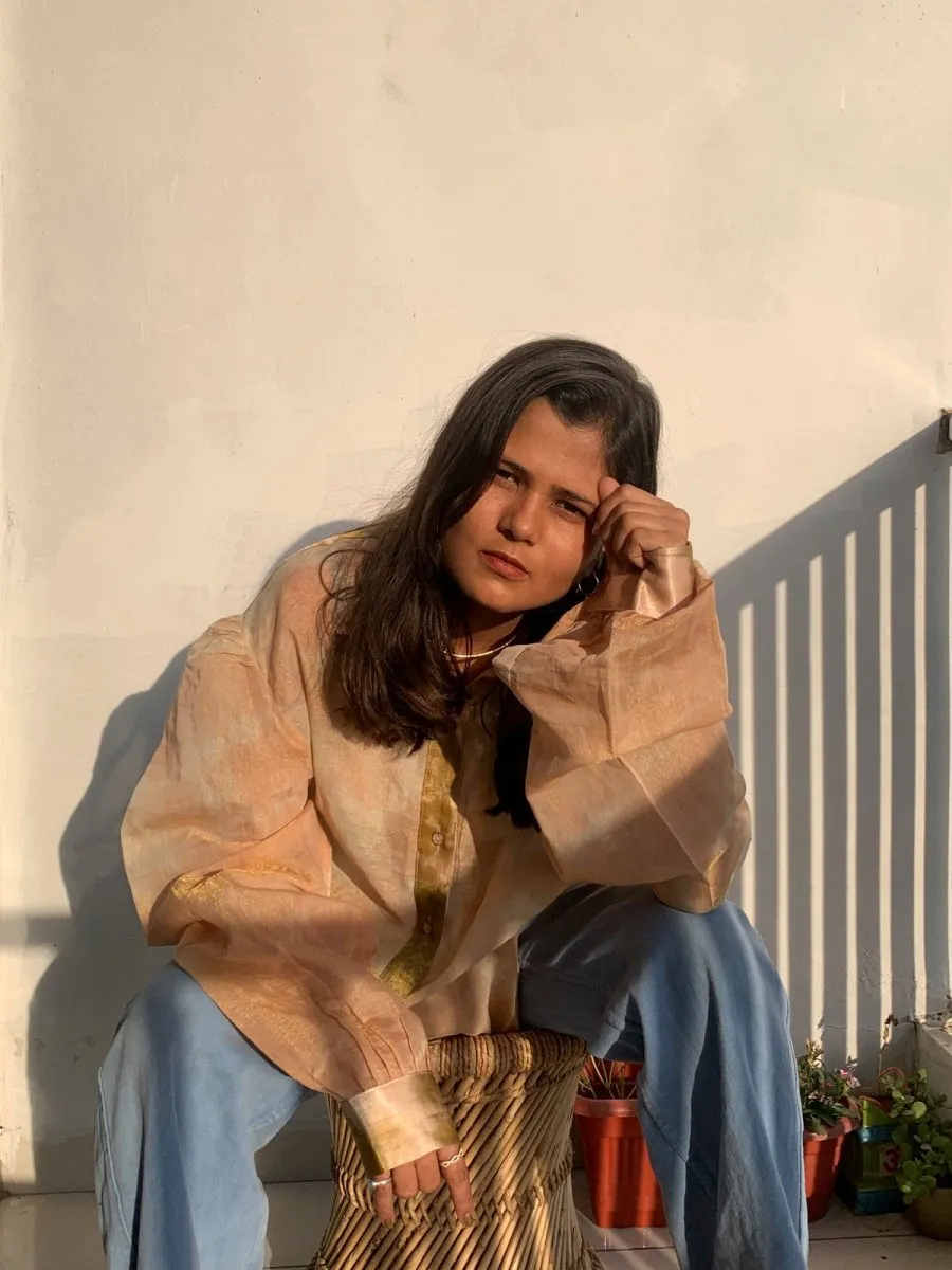 Kiyomi Handwoven Zari Chanderi Shirt Peach