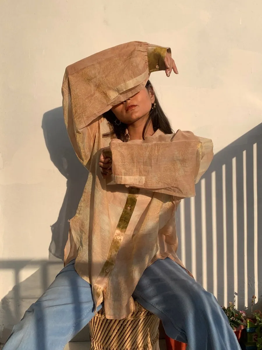 Kiyomi Handwoven Zari Chanderi Shirt Peach