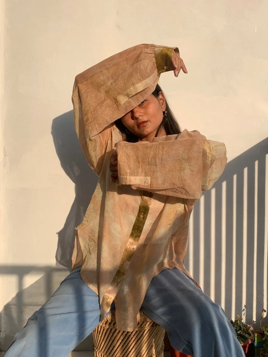 Kiyomi Handwoven Zari Chanderi Shirt Peach