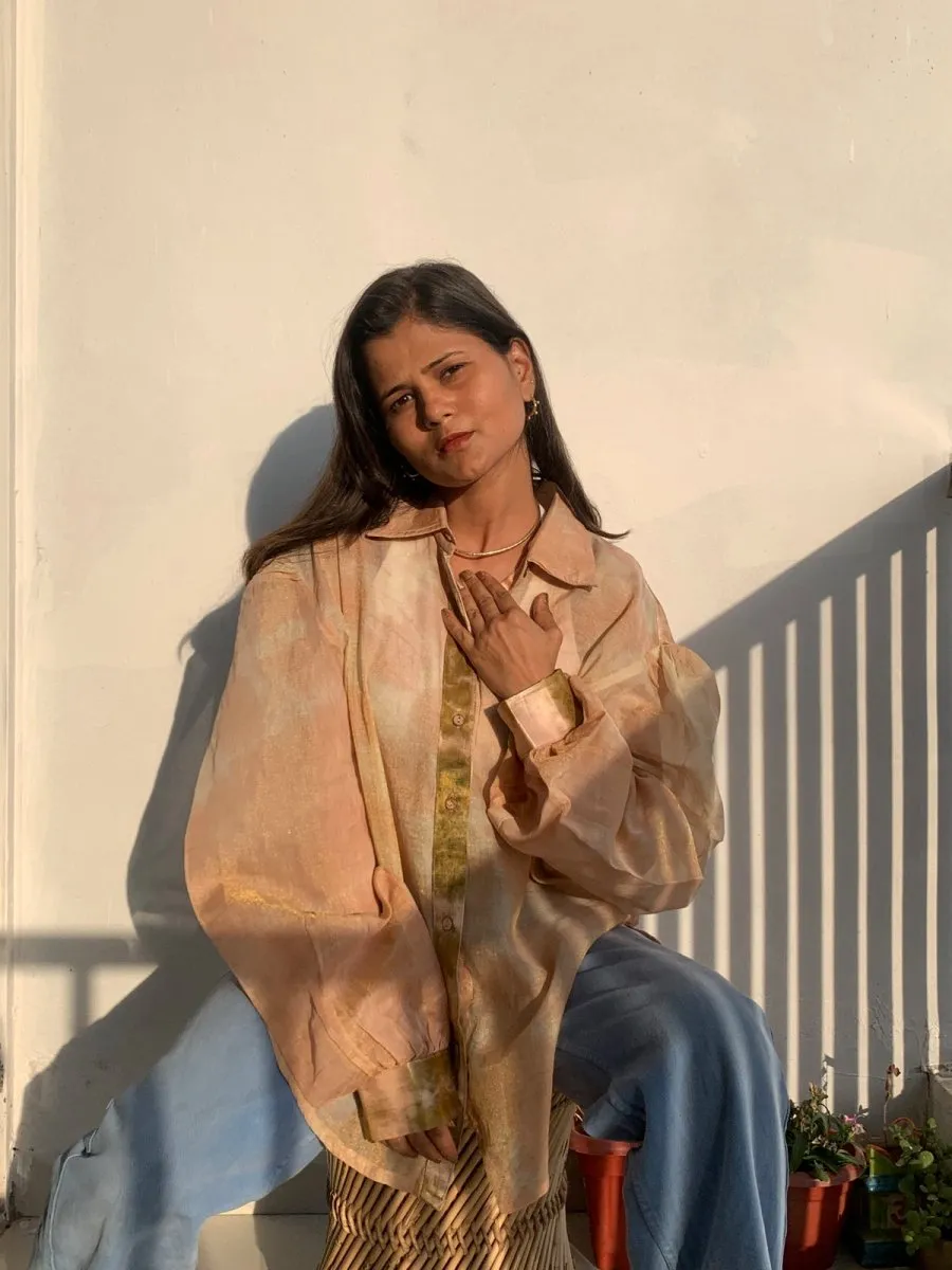 Kiyomi Handwoven Zari Chanderi Shirt Peach