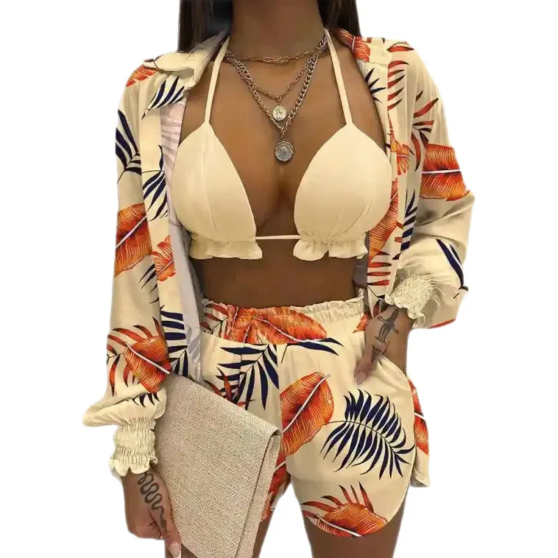 Multicolor Three-Piece Suit Long-Sleeved Top Spring Shorts