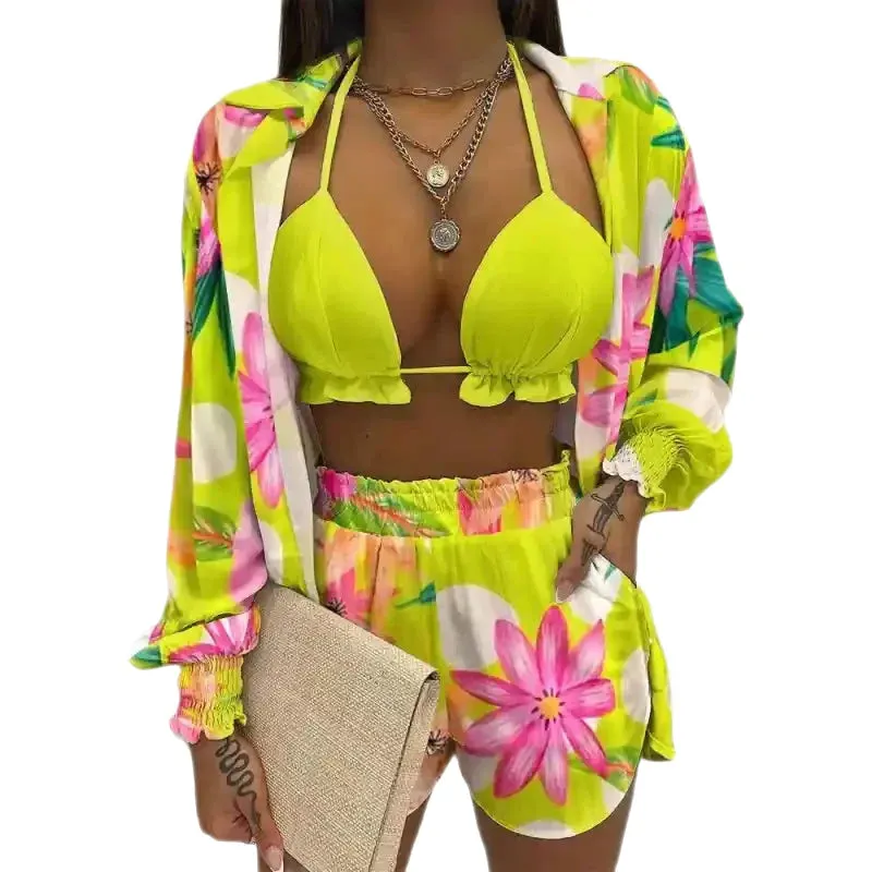 Multicolor Three-Piece Suit Long-Sleeved Top Spring Shorts